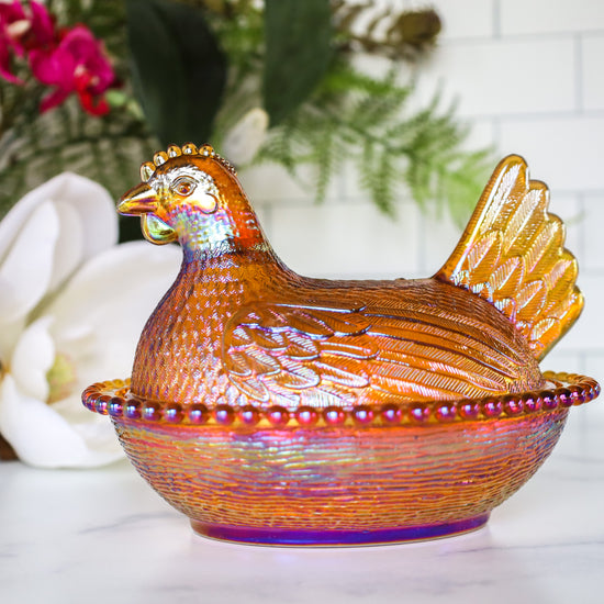 Hen On A Nest - Amber Carnival Glass